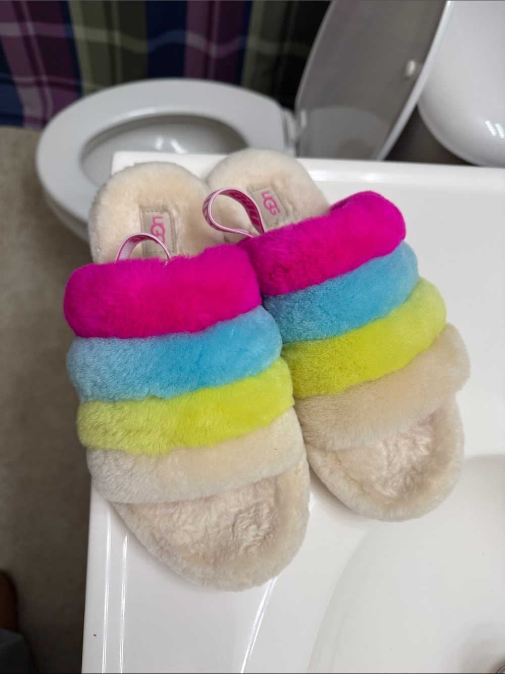UGG Rainbow Sheepskin Slide Slippers in Pink, Blue, Yellow, Cream